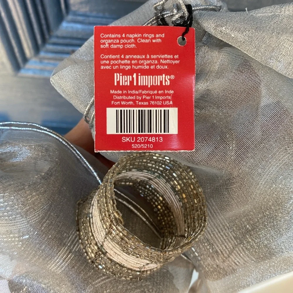 Pier 1 Set of 8 beaded napkin rings in 2 organza pouches